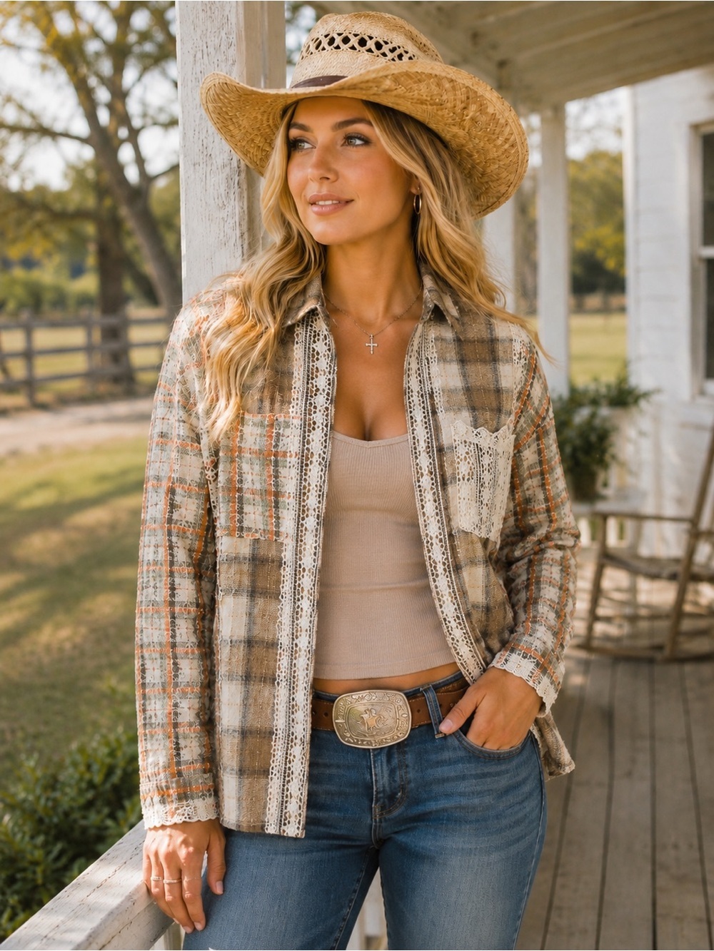 POL S Beige and Cream Plaid Shirt with Lace - Picture 2 of 7